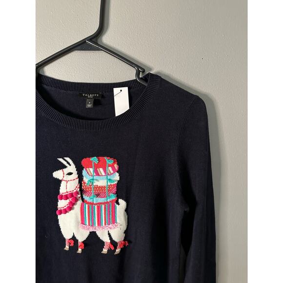 Talbots embellished Pom Pom lama sweater women’s size SP Navy - Picture 3 of 6